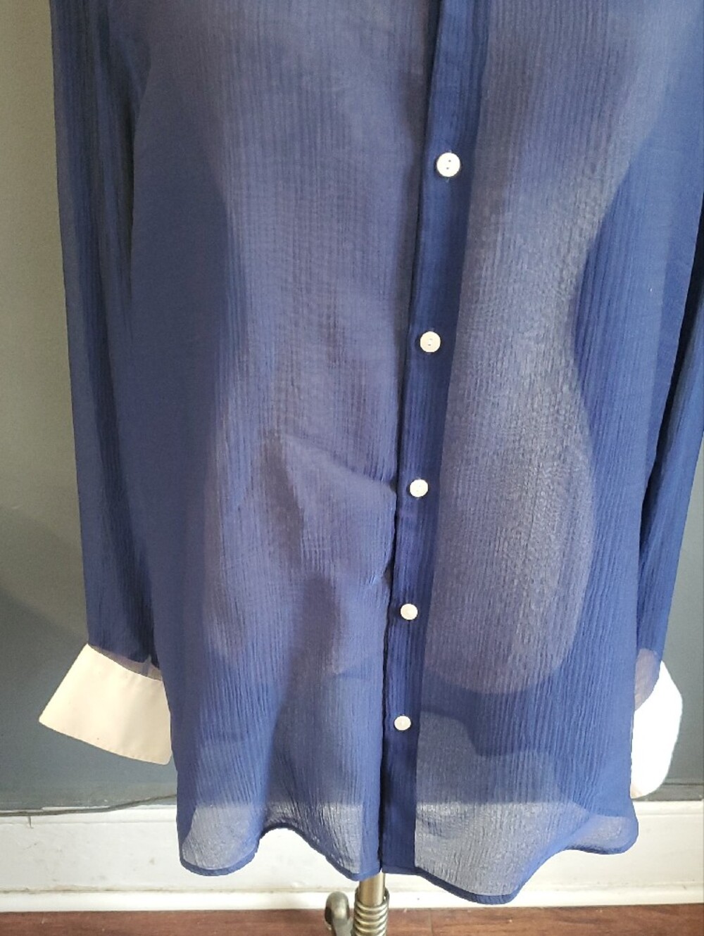 Thomas Pink Navy Sheer Dress Shirt with White Contrast Collar - Picture 4 of 17